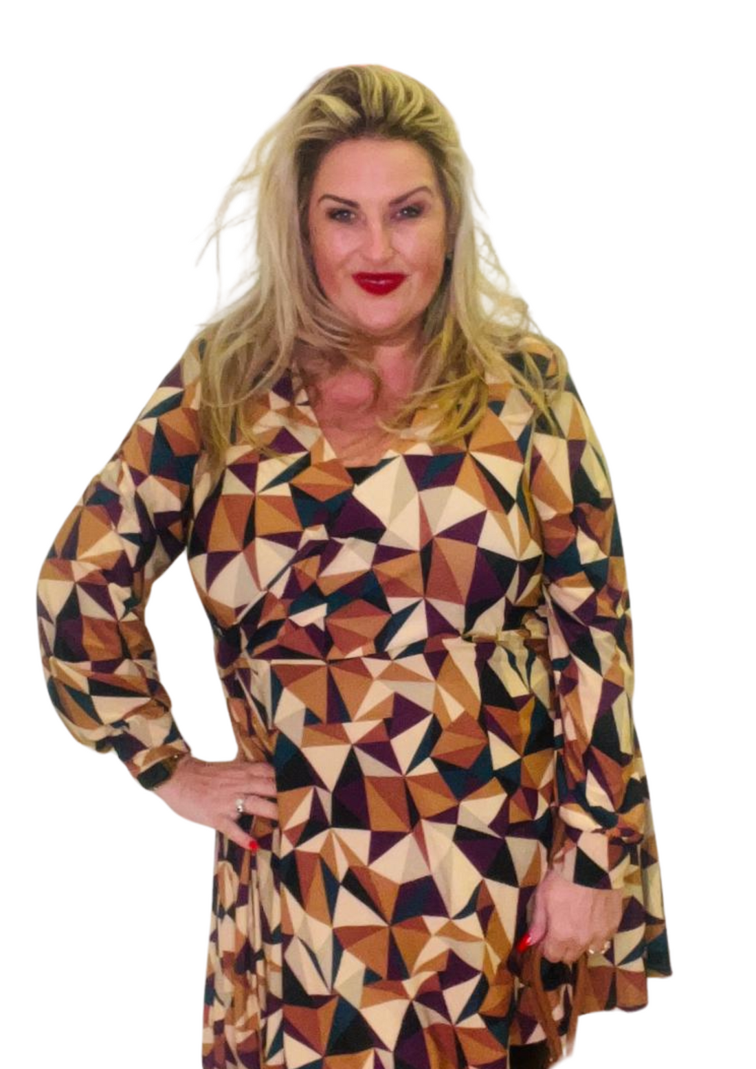 Geo wrap tunic tan plus size  flattering wrap style 