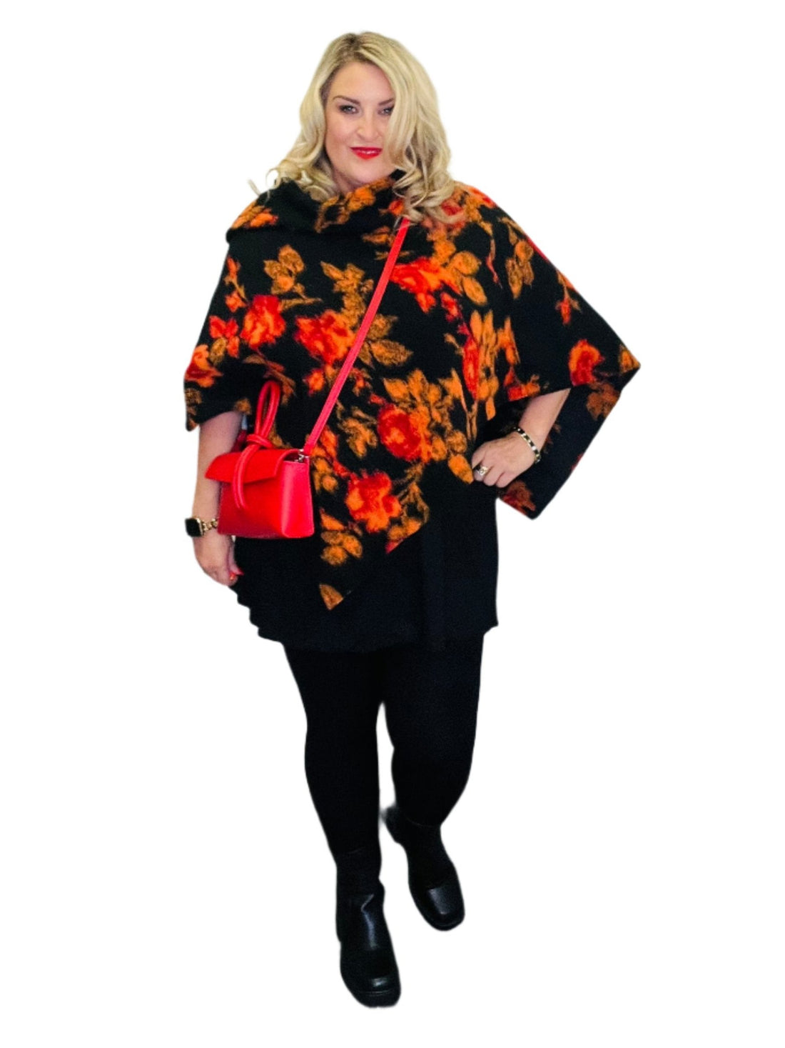 Gilmore Poncho floral black red orange plus size with Si dress kimmy loop bag leather red 
