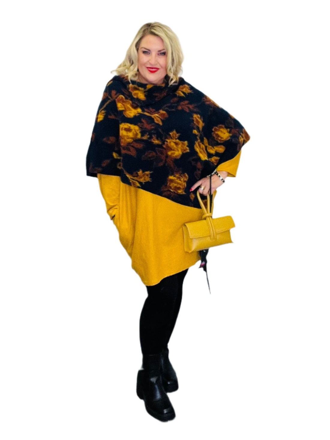 Gilmore Poncho floral navy and mustard plus size with Si dress kimmy loop bag leather