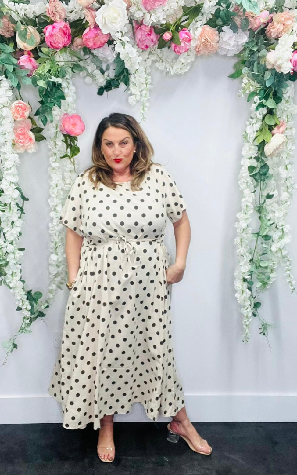 Draw Side Polka Linen Blend Dress