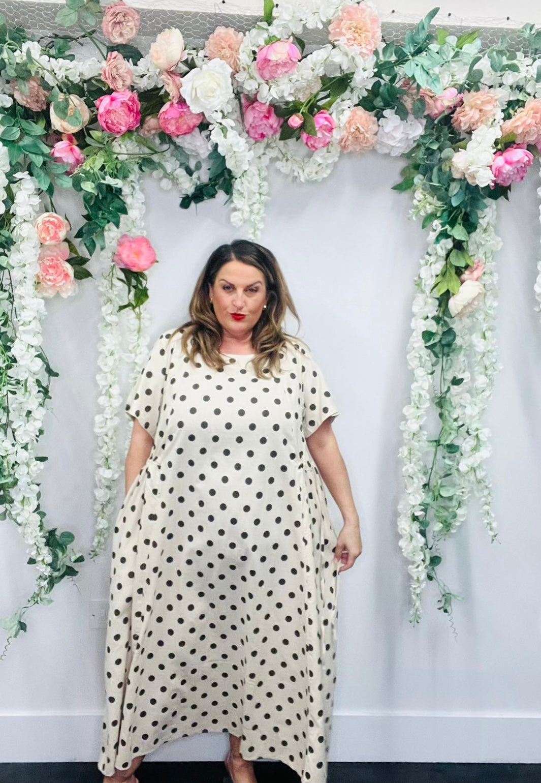 Draw Side Polka Linen Blend Dress