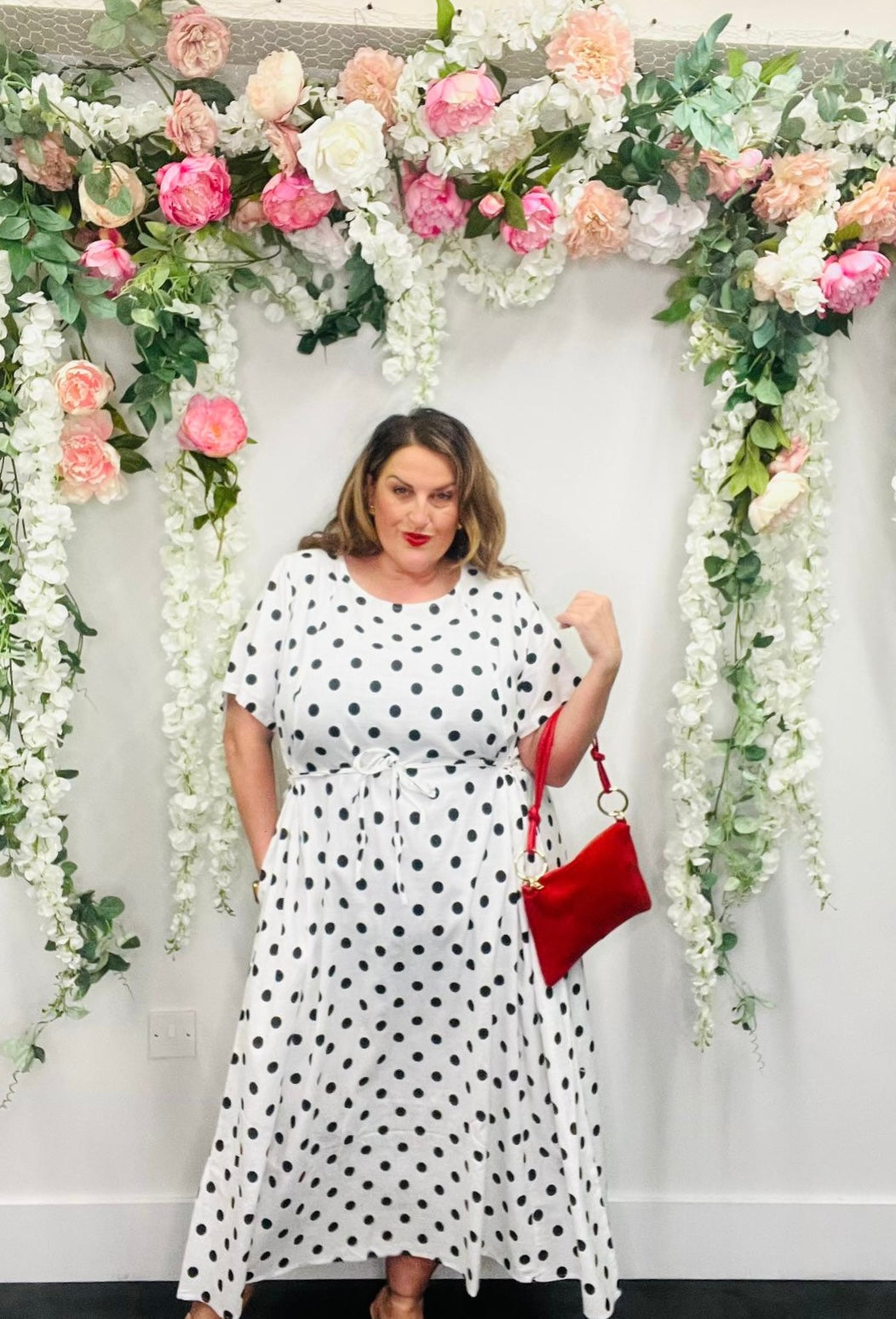 Draw Side Polka Linen Blend Dress