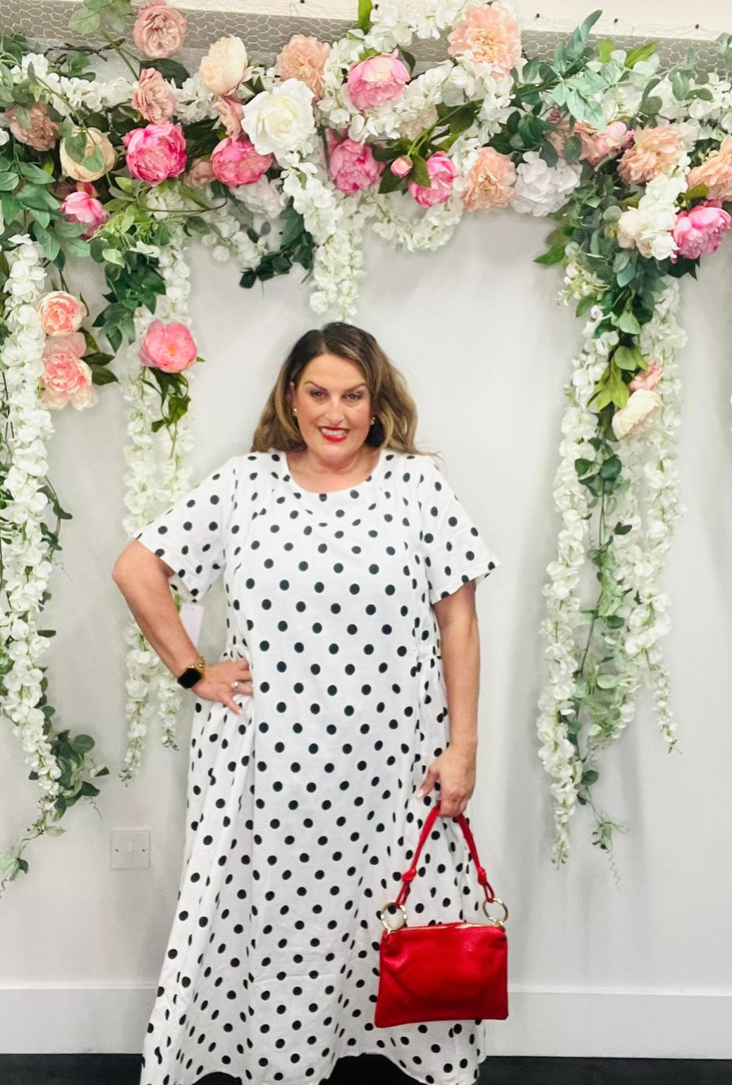 Draw Side Polka Linen Blend Dress