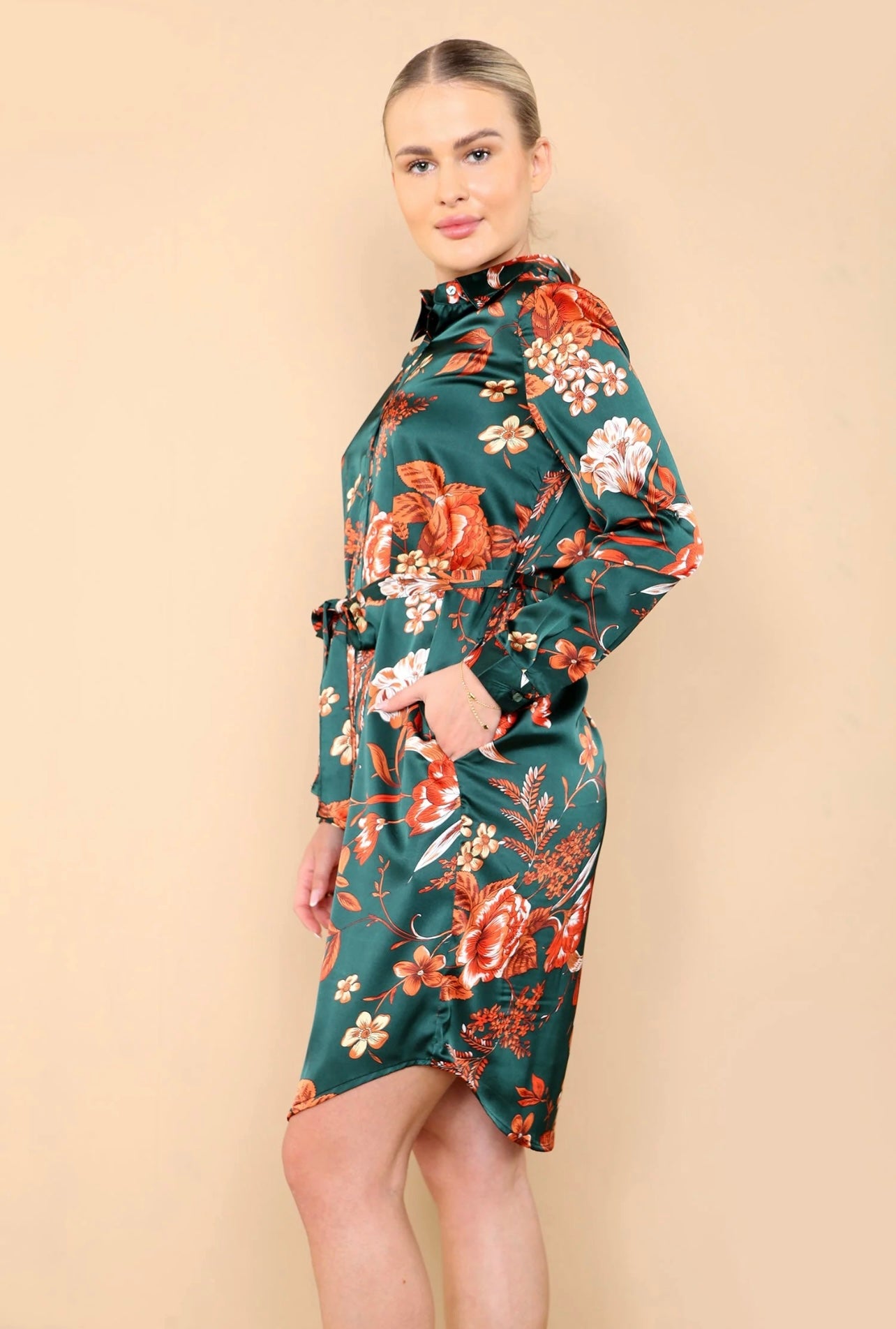 Floral satin hotsell shirt dress