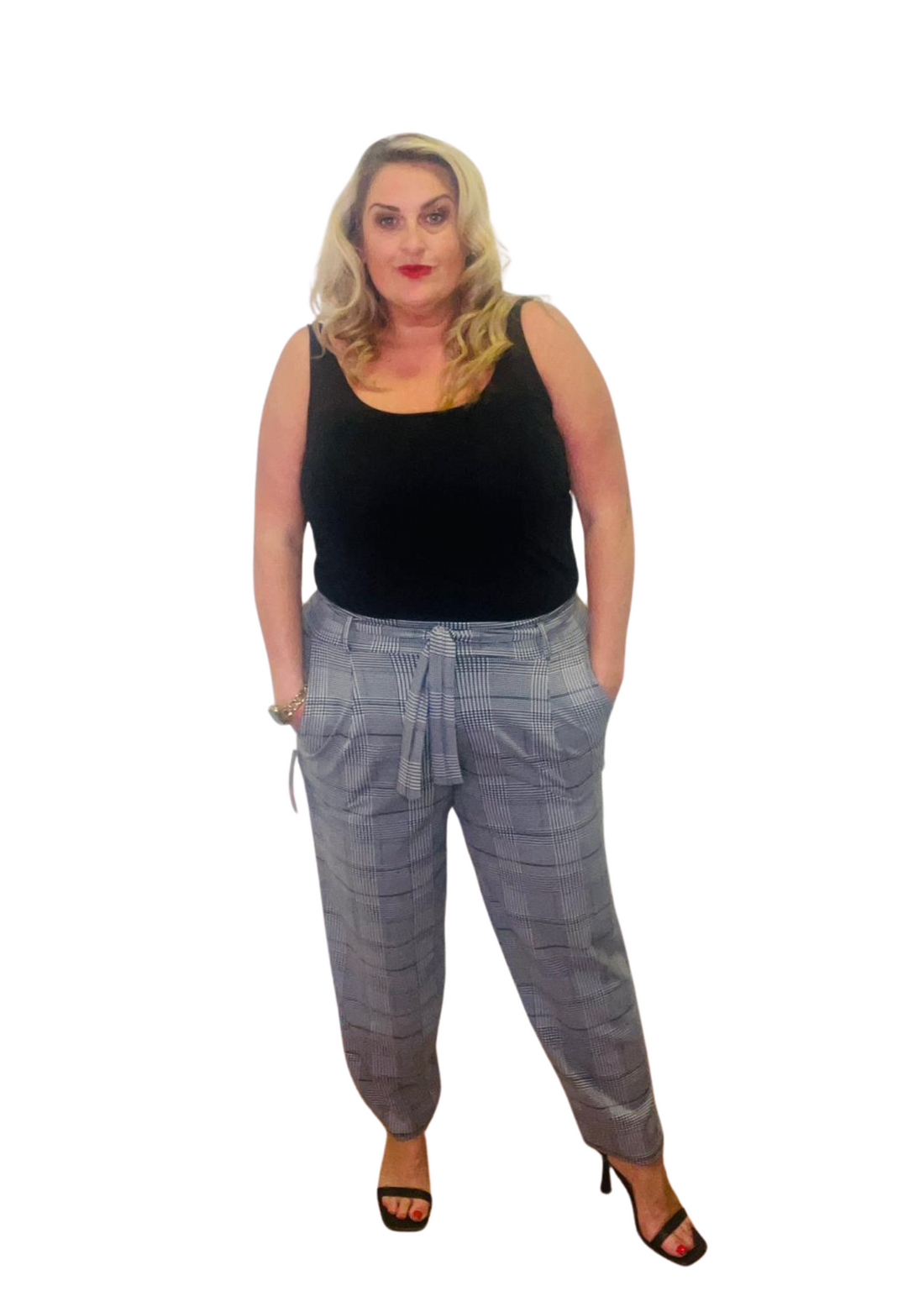Paper bag trousers check print black and white plus size curve tie waste detail