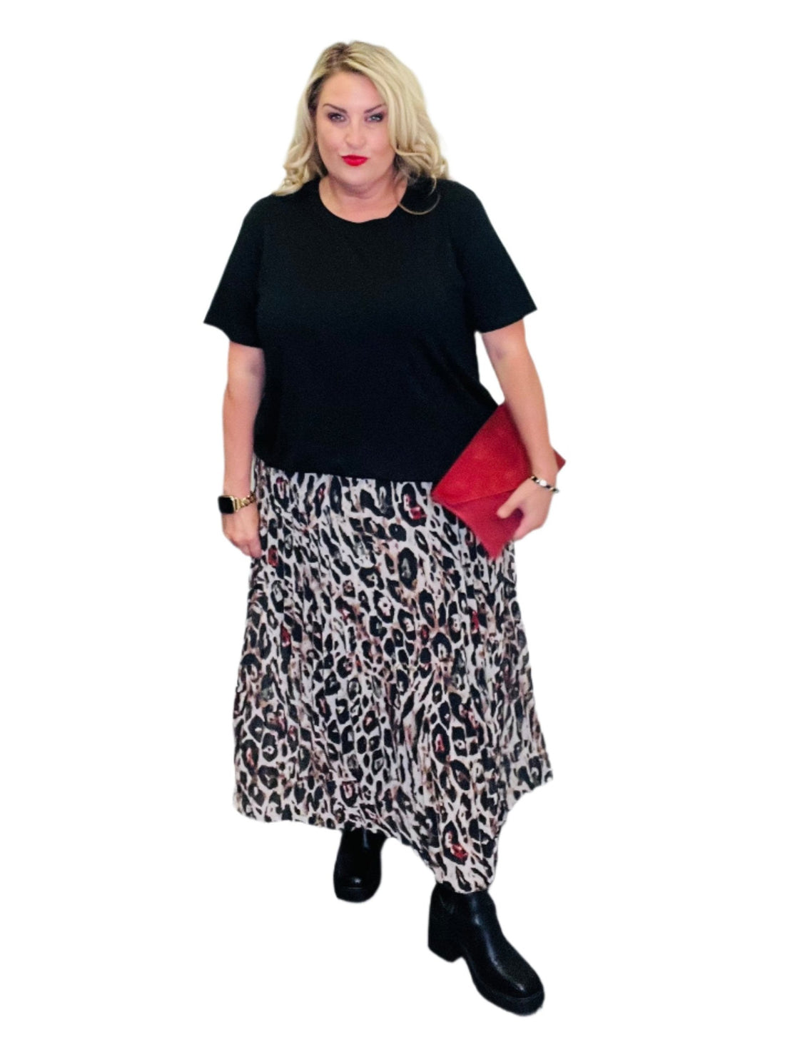 Pleat Skirt Colour Splash Animal Print red bag plus size