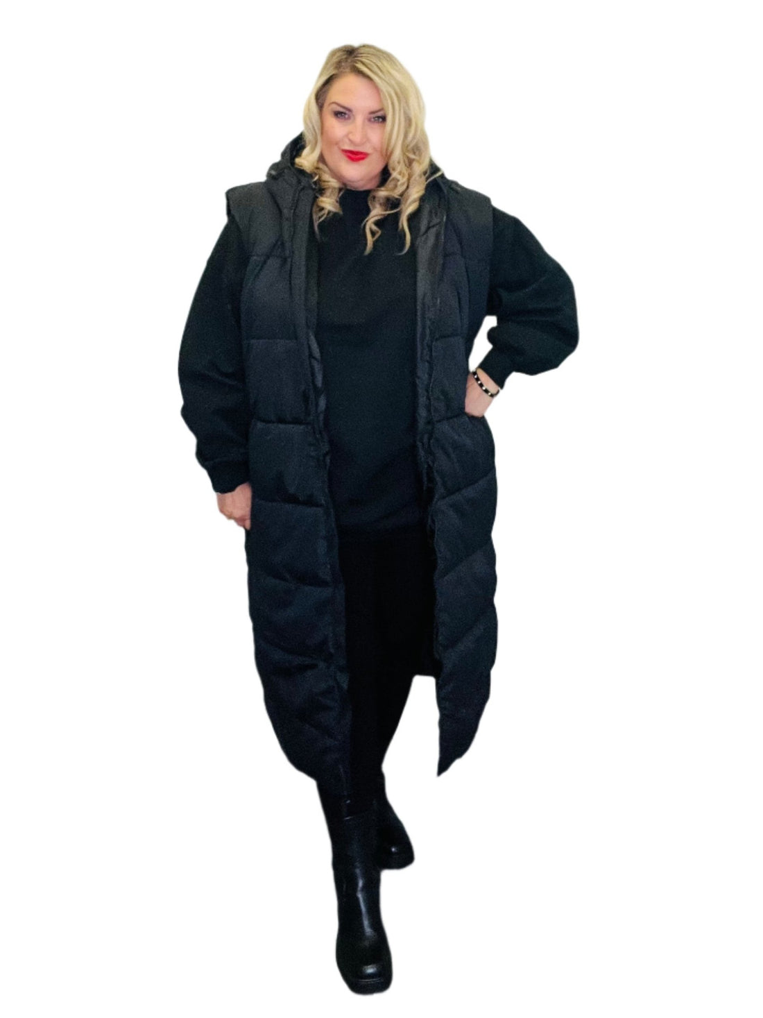 Puffer Gilet Long Length black plus size 