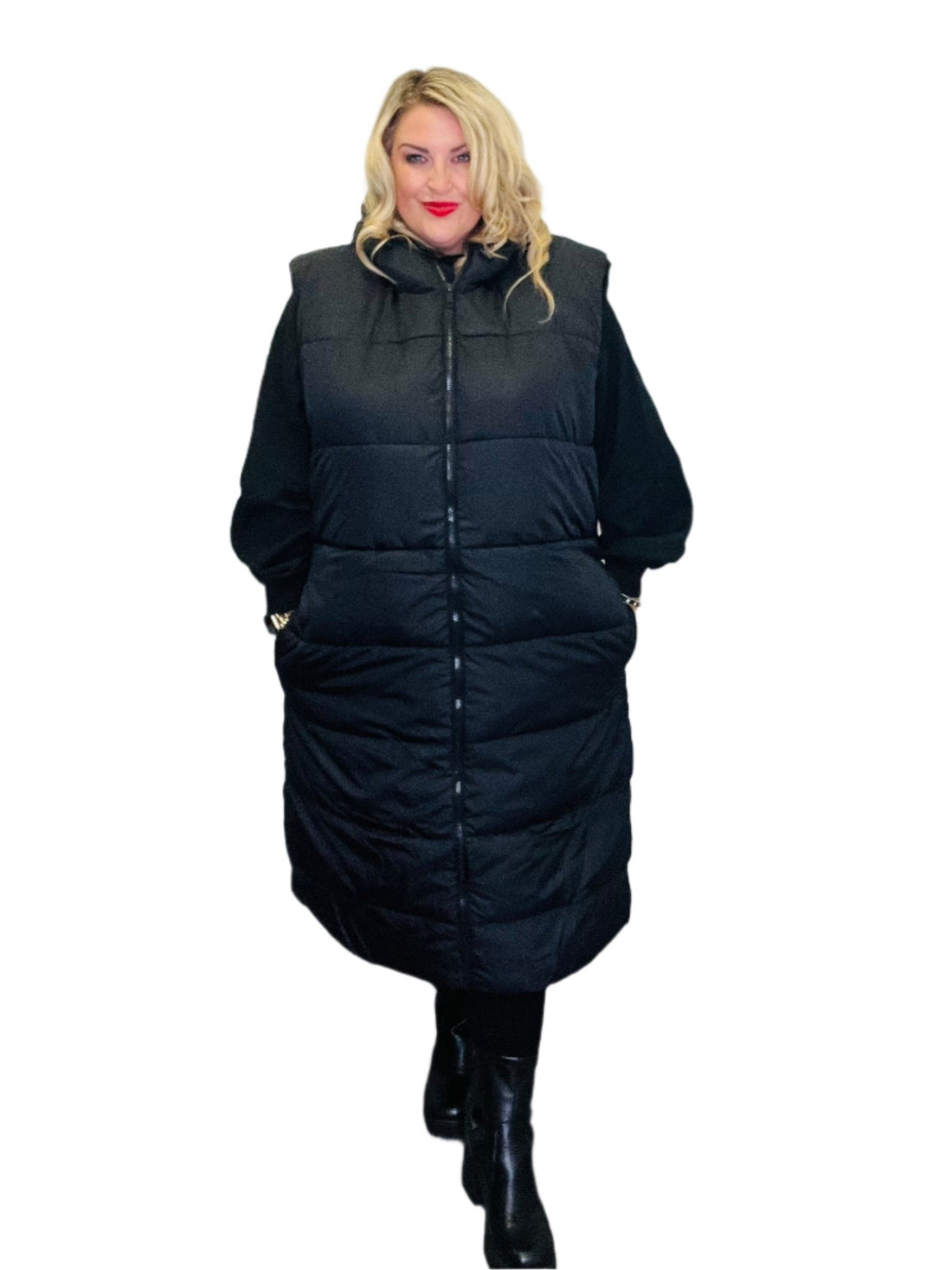 Puffer Gilet Long Length plus size with hood and pockets 