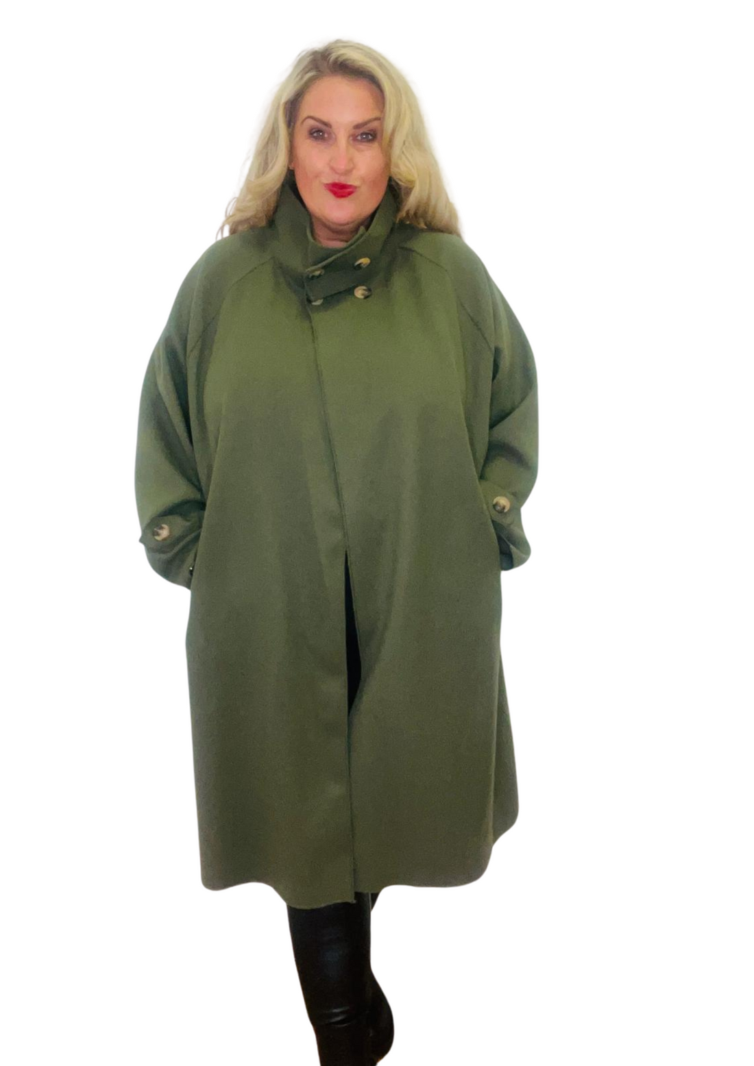 Quad button coat khaki green  plus size curve swing 