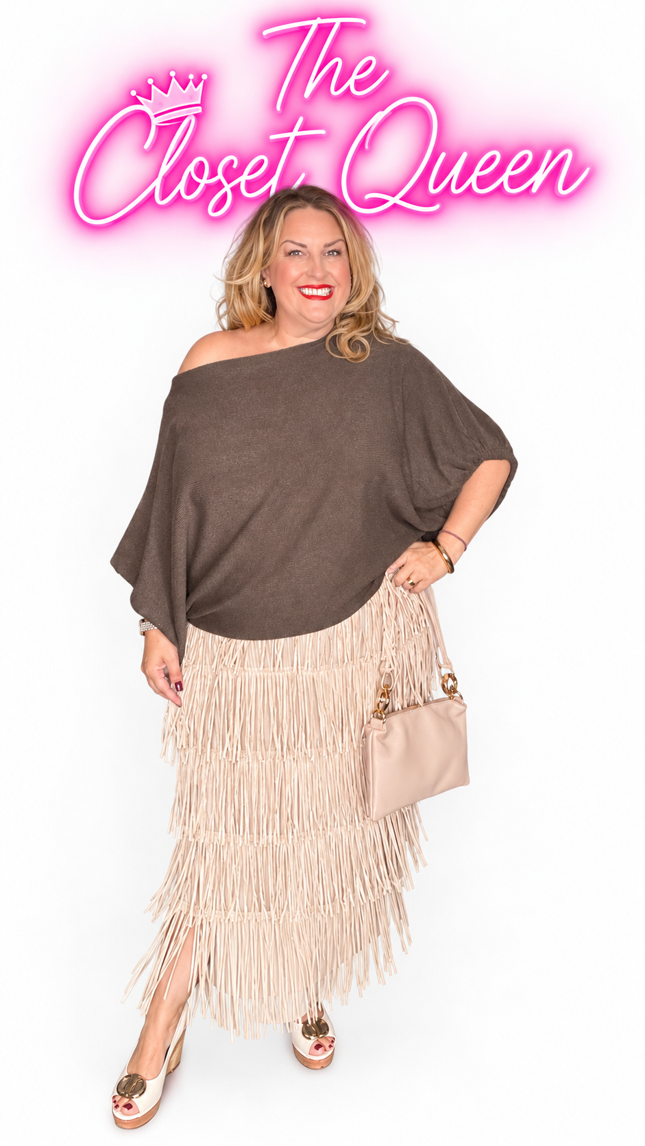 A woman models a two-piece outfit consisting of a dark brown off-the-shoulder knit top and a beige tiered fringe skirt, holding a matching beige handbag. The image has a pink glowing 'The Closet Queen' logo overlay at the top.