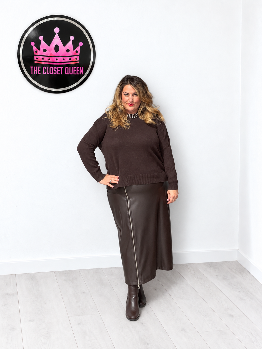 Zip Down Leather Look Skirt