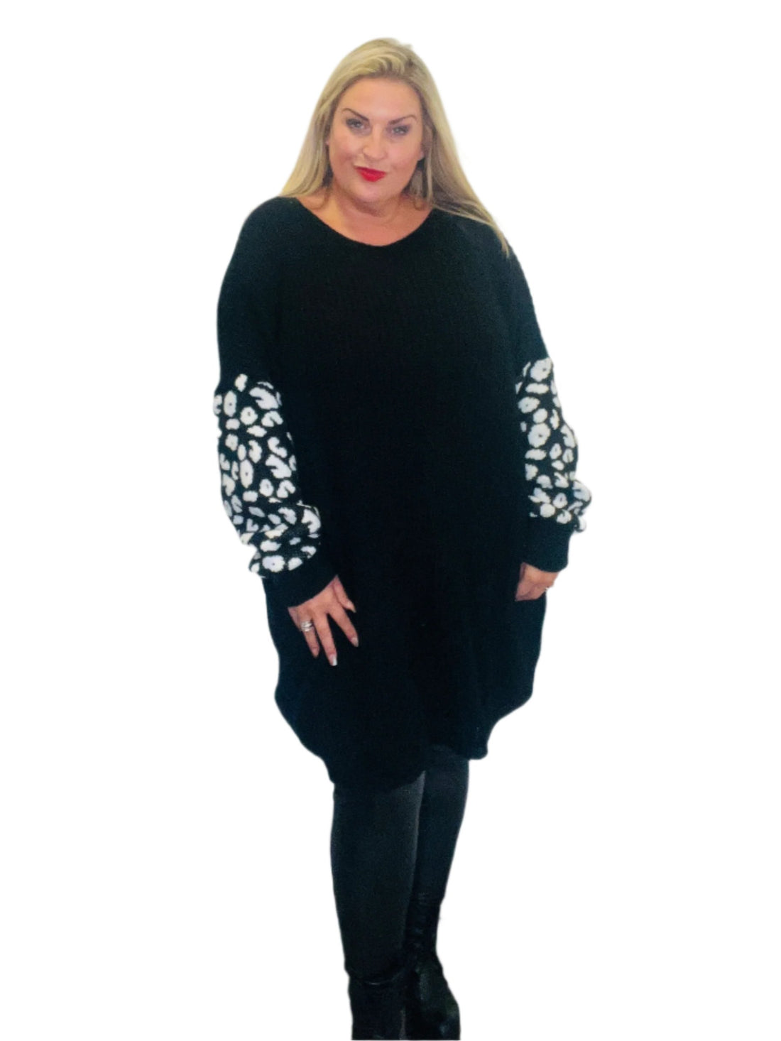 animal sleeve jumper dress black and white plus size knitted