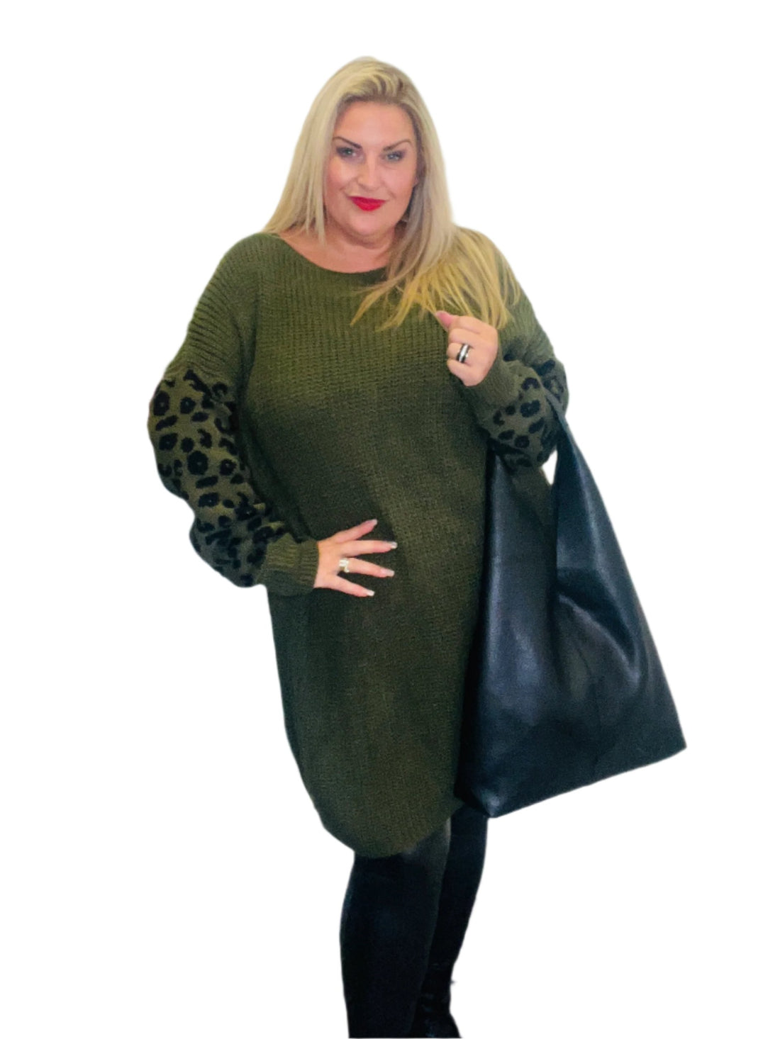 animal sleeve jumper dress khaki green plus size knitted