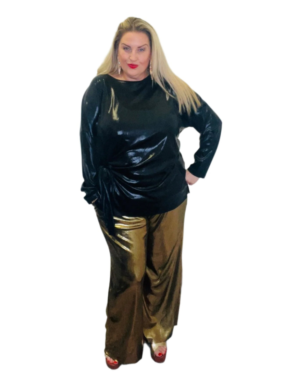 barb metallic tie side top black plus size trouser co-ord long sleeve