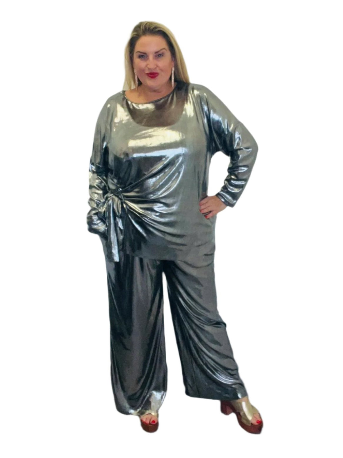 barb metallic tie side top plus size silver
