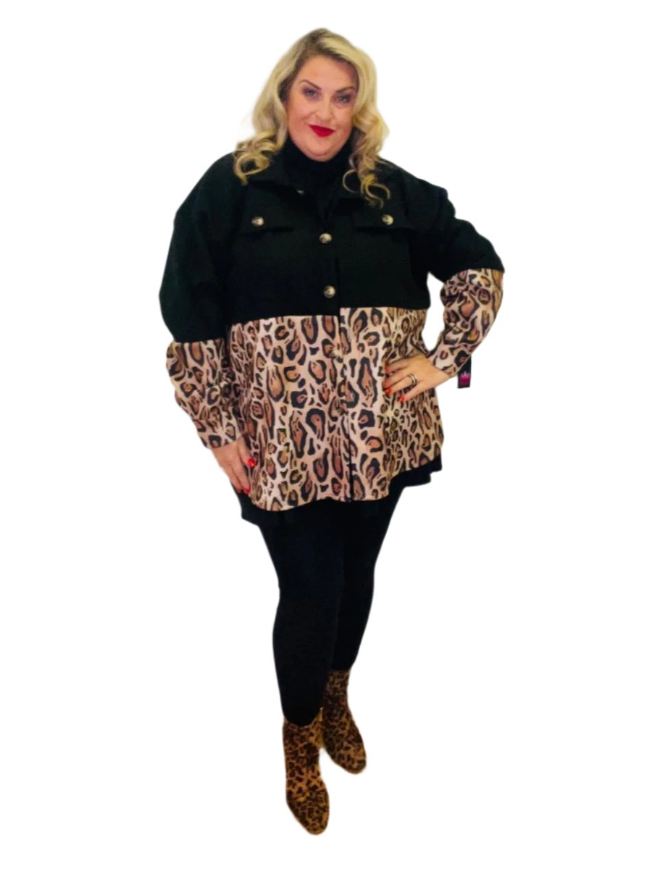 bottom half animal shacket black plus size
