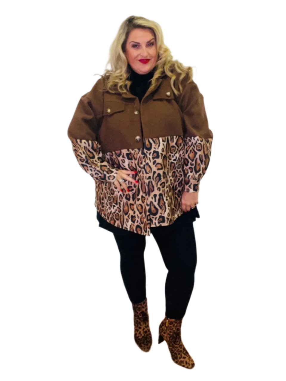 bottom half animal shacket brown plus size