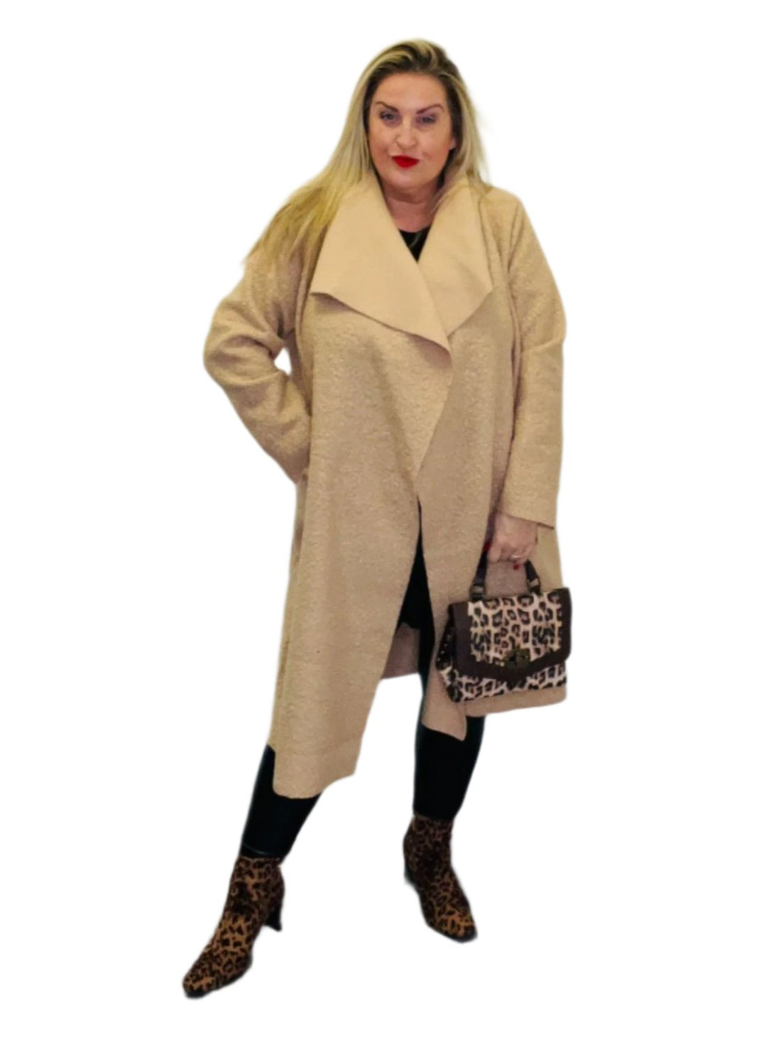 boucle waterfall coat camel plus size