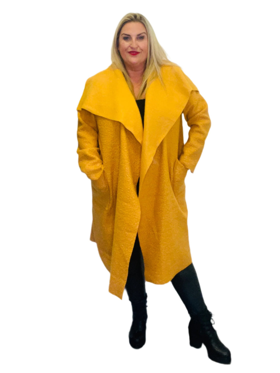 boucle waterfall coat mustard plus size
