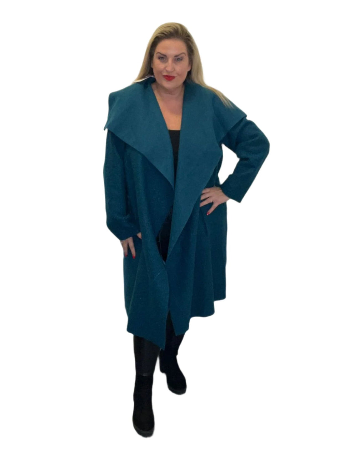 boucle waterfall coat teal plus size