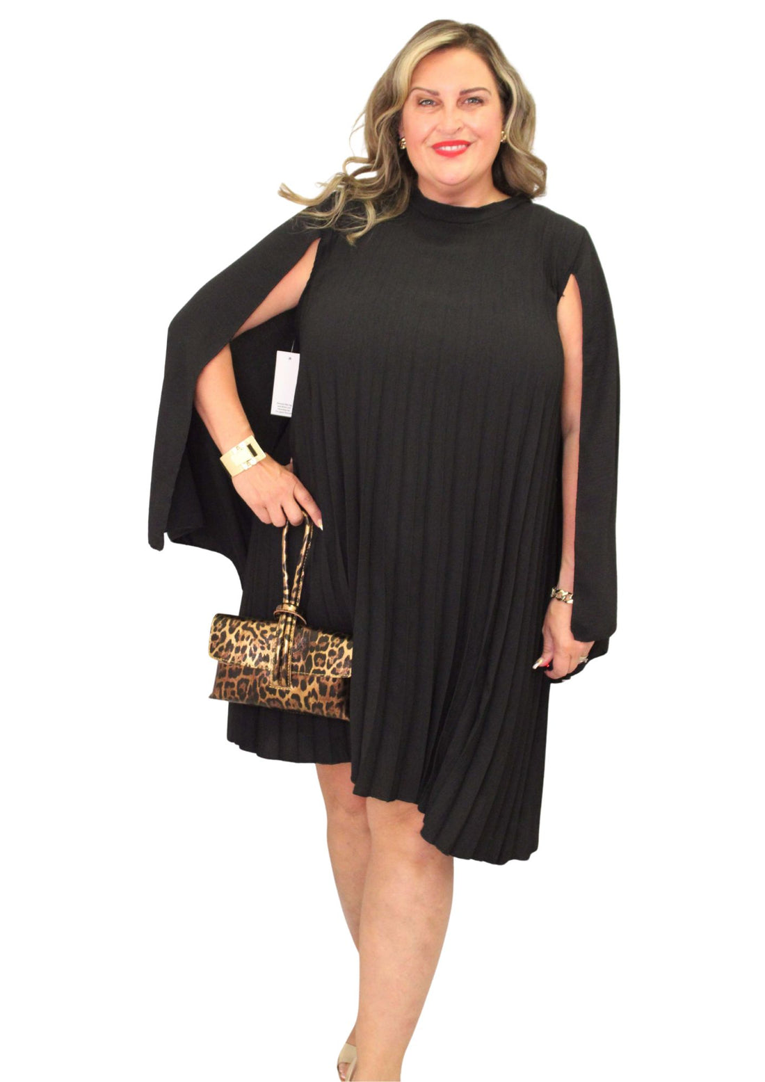 Cape Sleeve Pleat Dress