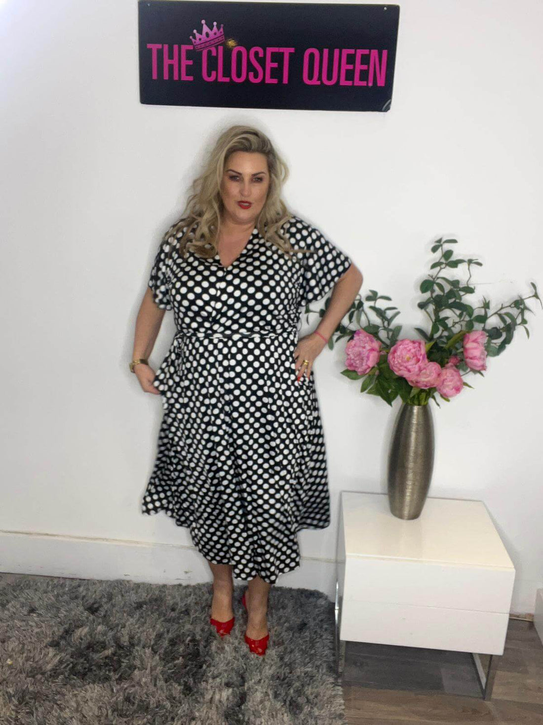 capri dress short sleeve polka black and white