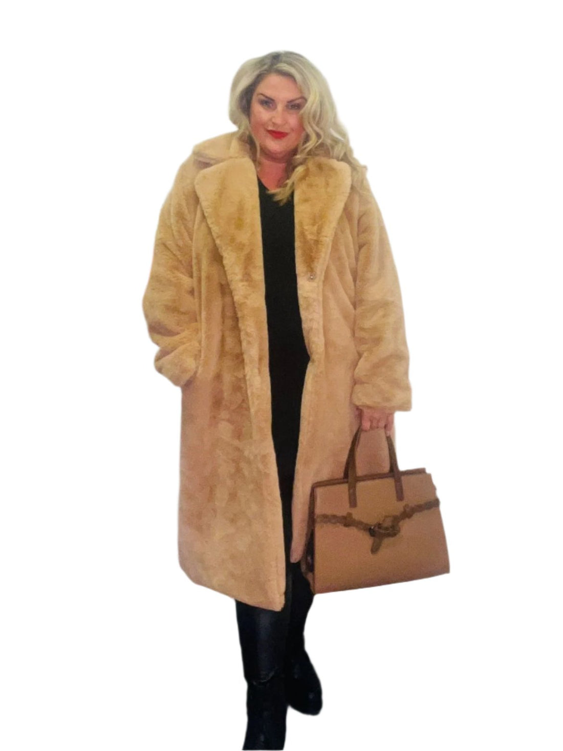 faux fur midi coat camel plus size