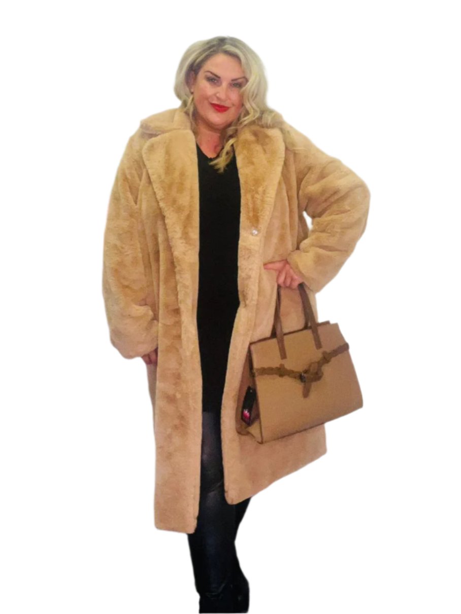 faux fur midi coat camel plus size longline