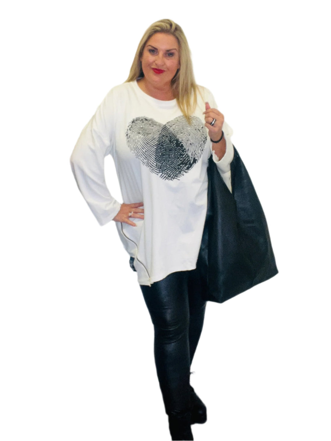 finger print heart top white plus size zip detail