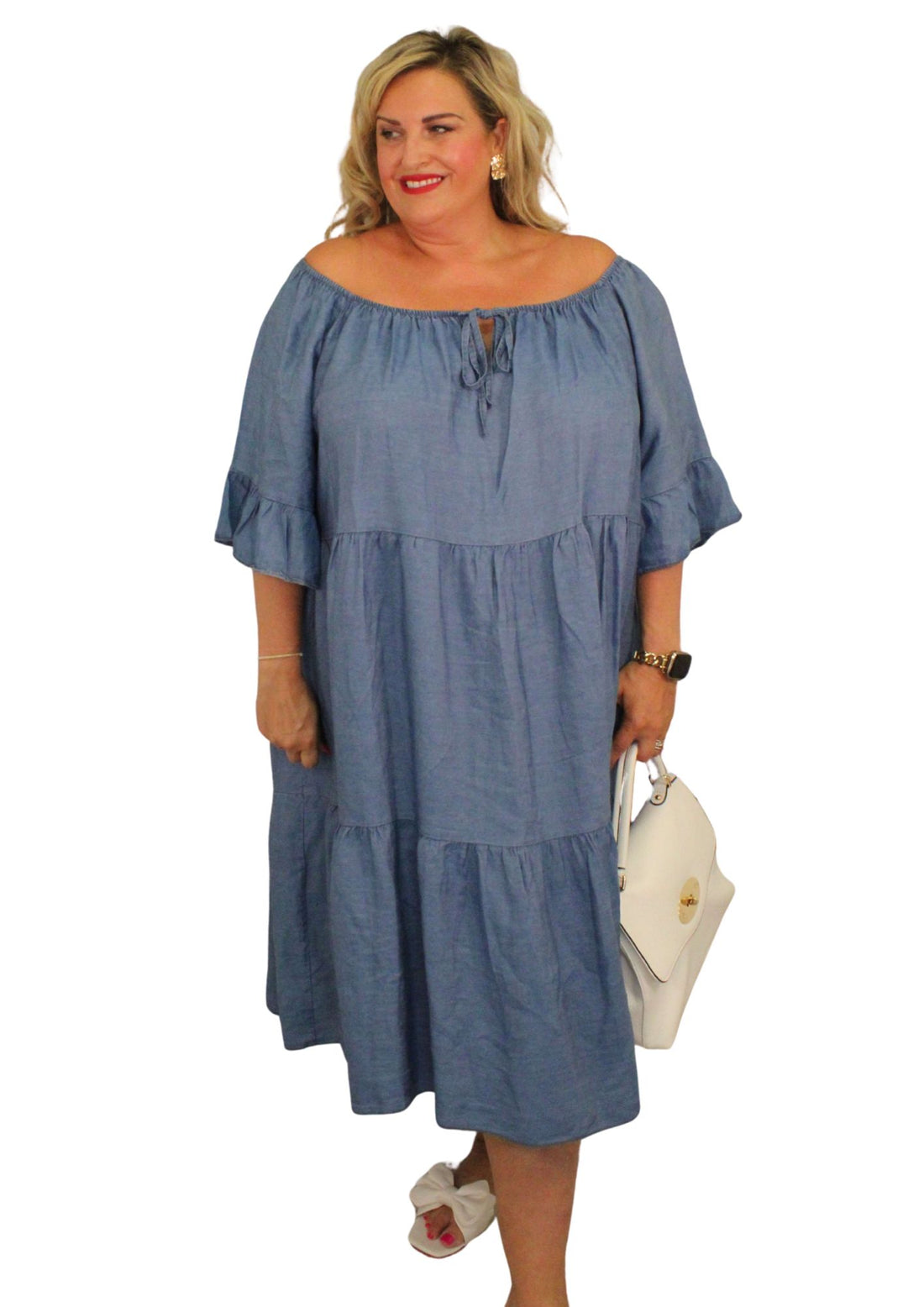 Mary Jane Off Shoulder Dress Denim Effect