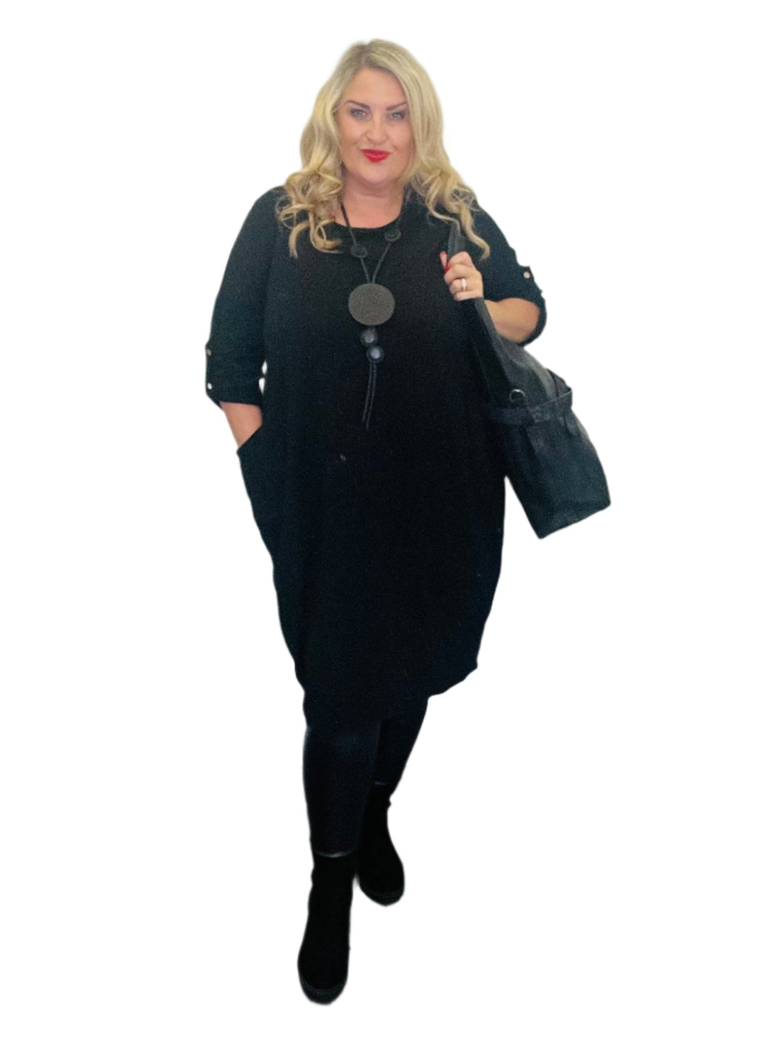 original dress black round neck long sleeve pockets plus size