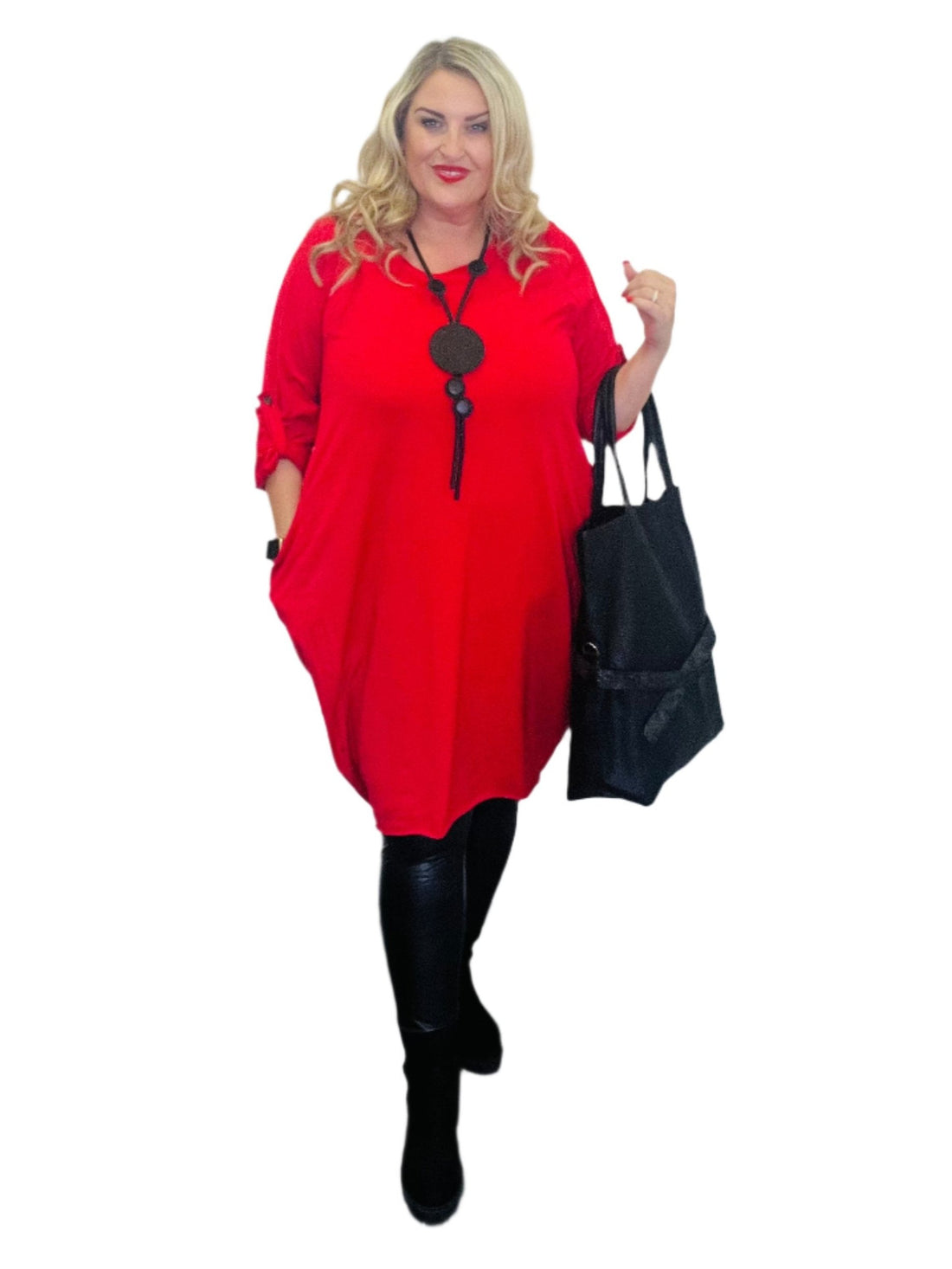 original dress red plus size round neck pockets