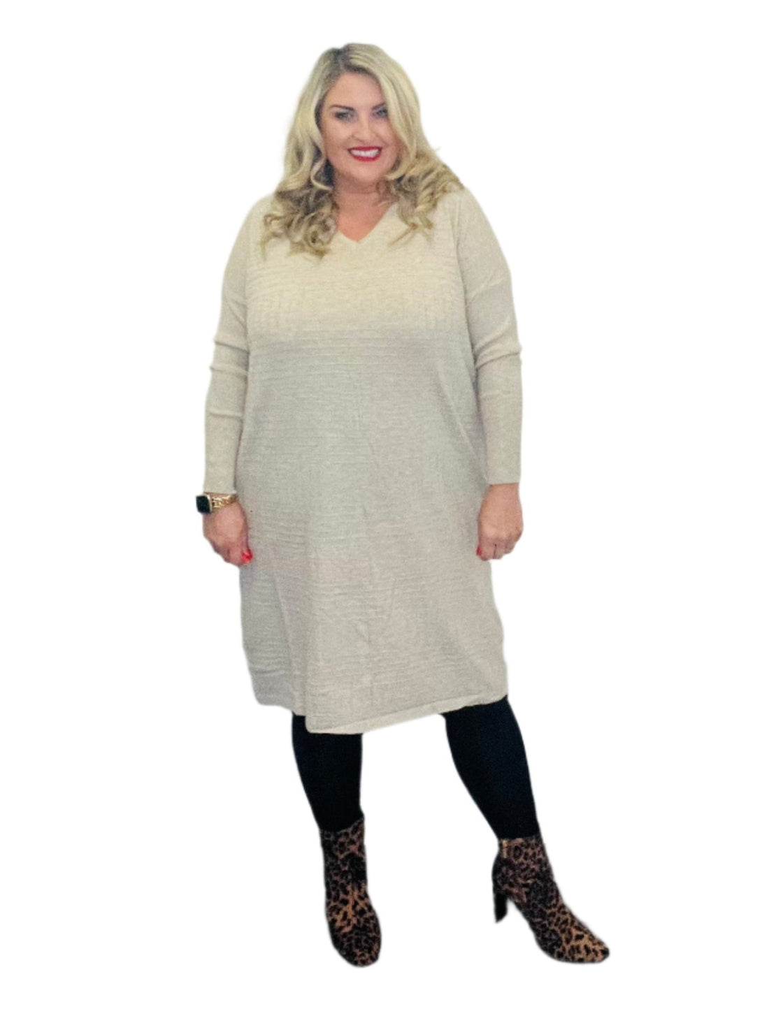 partition dress beige plus size v neck long sleeve
