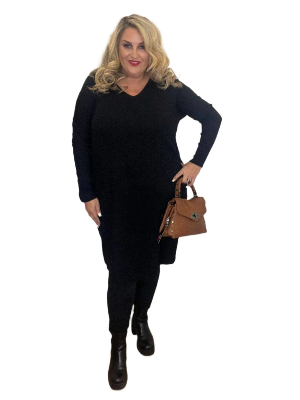 partition dress black plus size v neck long sleeve