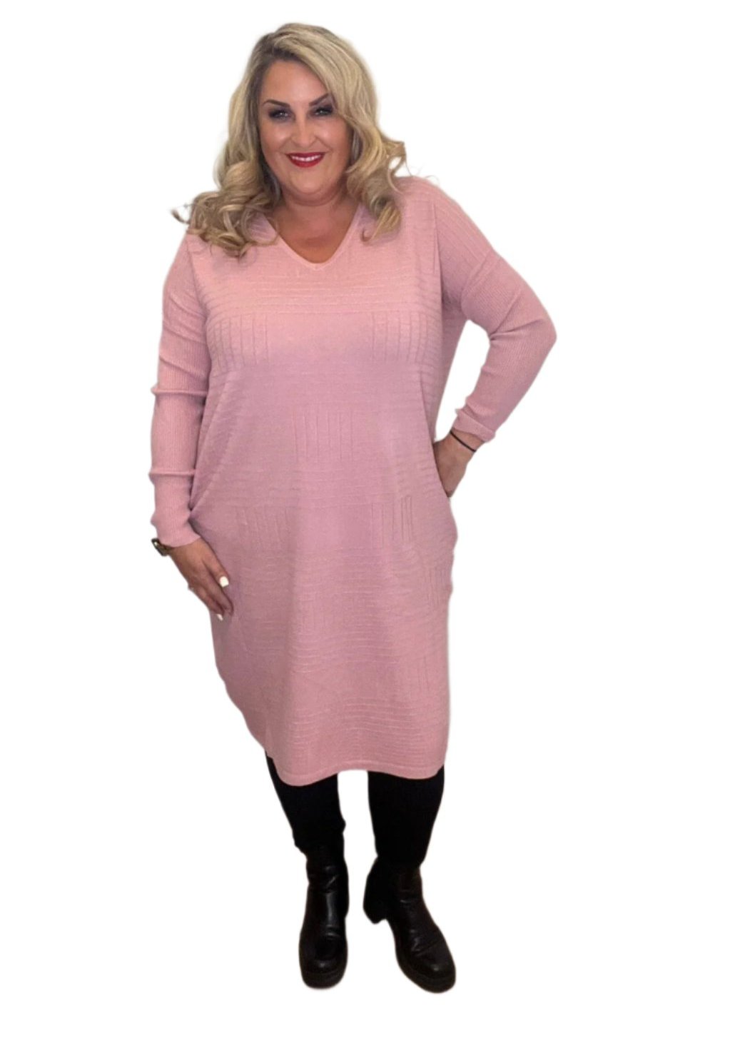partition dress blush pink plus size v neck long sleeve