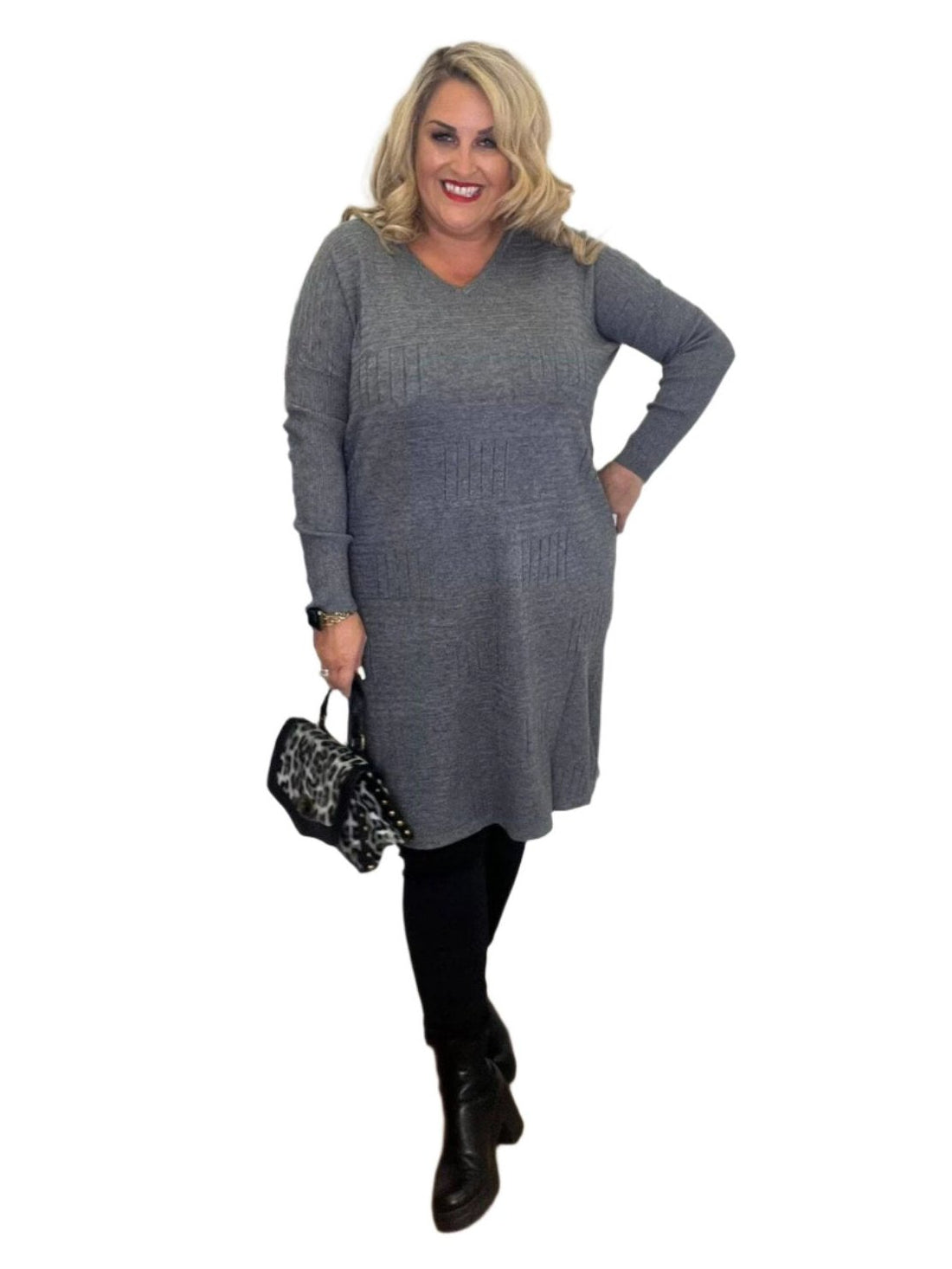 partition dress grey plus size v neck long sleeve