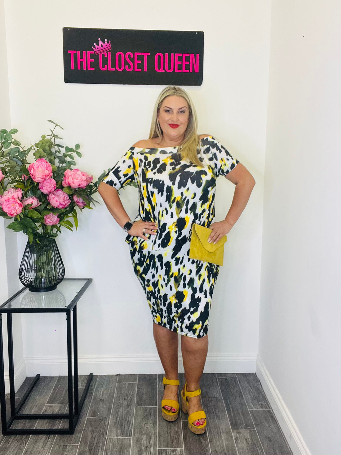 queen dress abstract print plus size pattenened black yellow knee length offshoulder