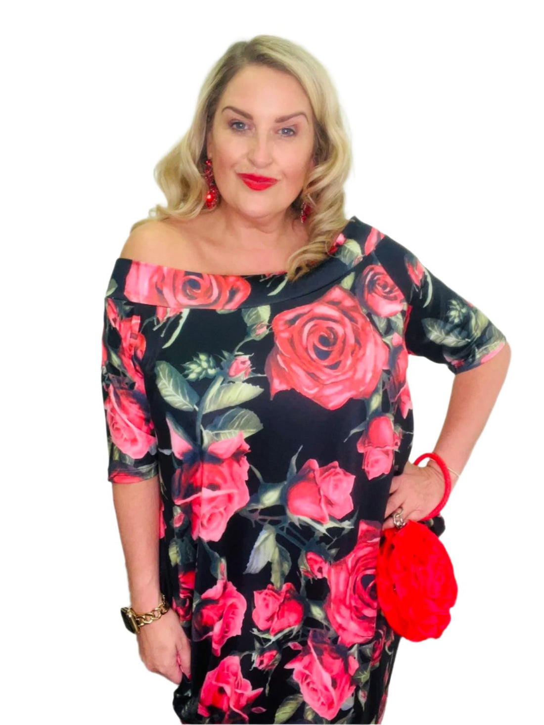 queen dress premium rose print plus size bardot neck