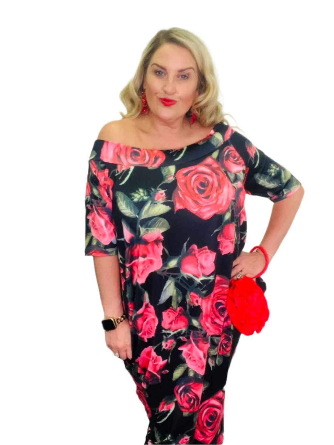 queen dress premium rose print plus size bardot neck short sleeve midi length