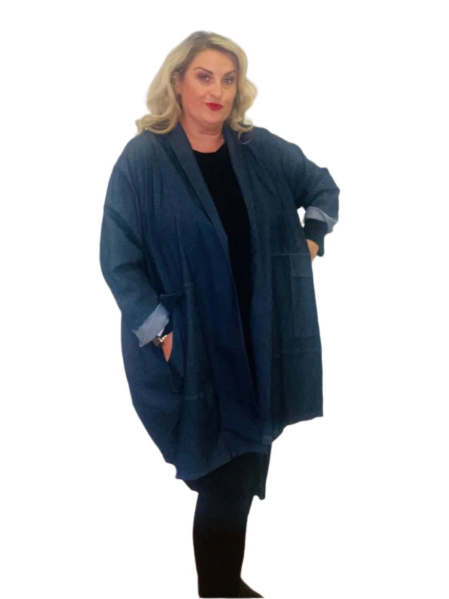 swoop jacket pocket denim effect blue plus size