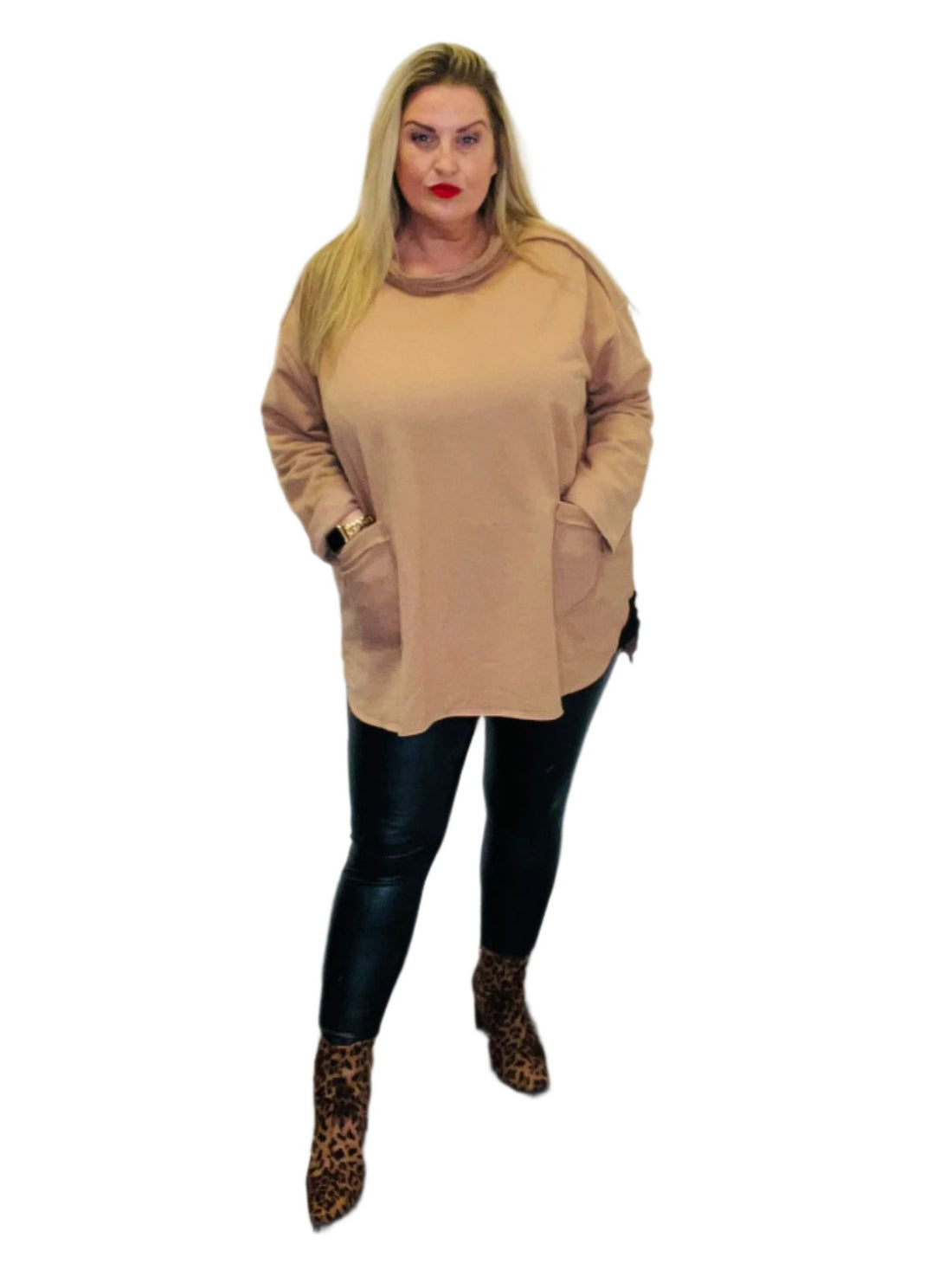 tatie top camel plus size pockets sweatshirt frayed edge