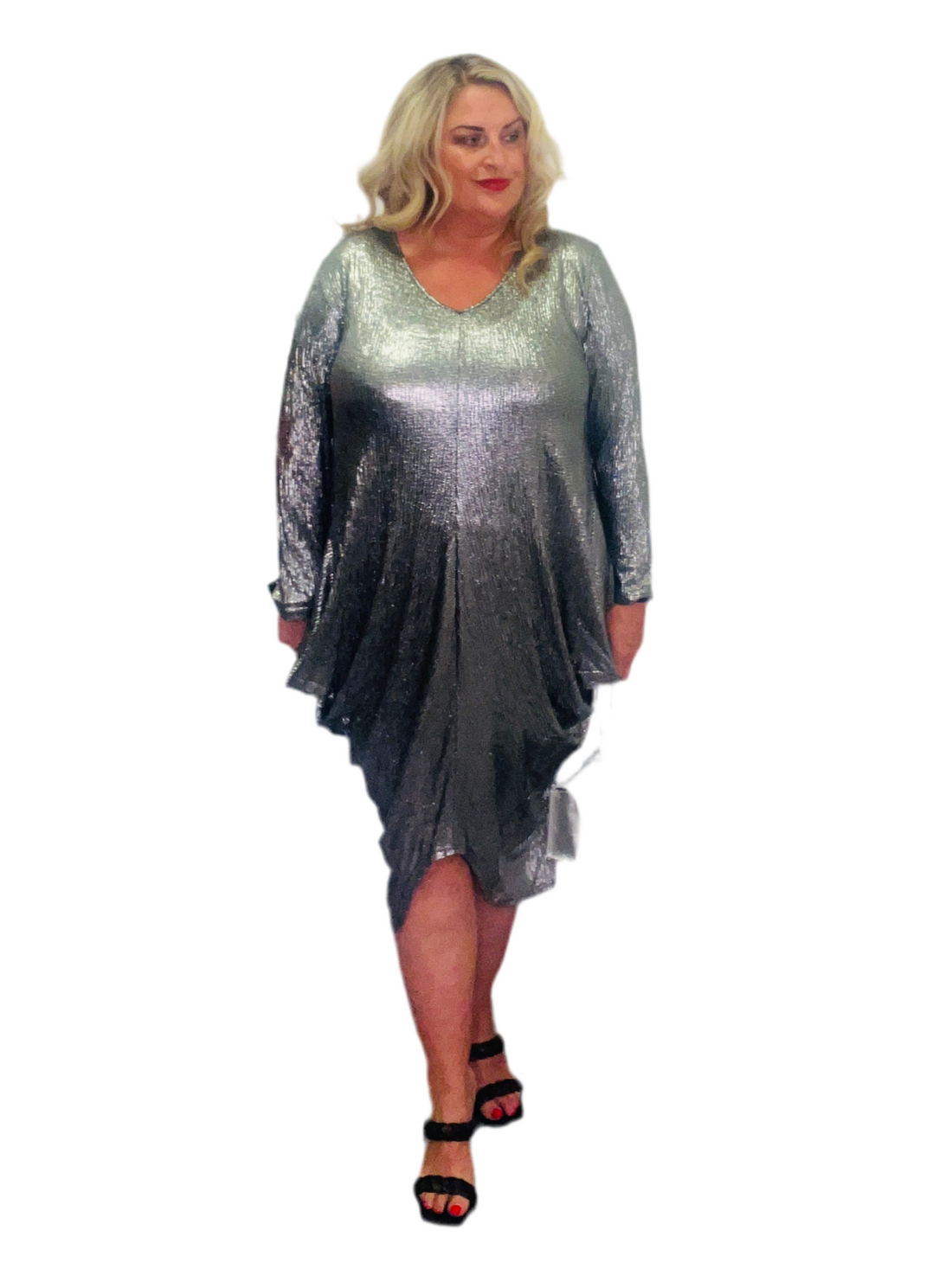 tulip dress knight print silver plus size metallic long sleeves vneck