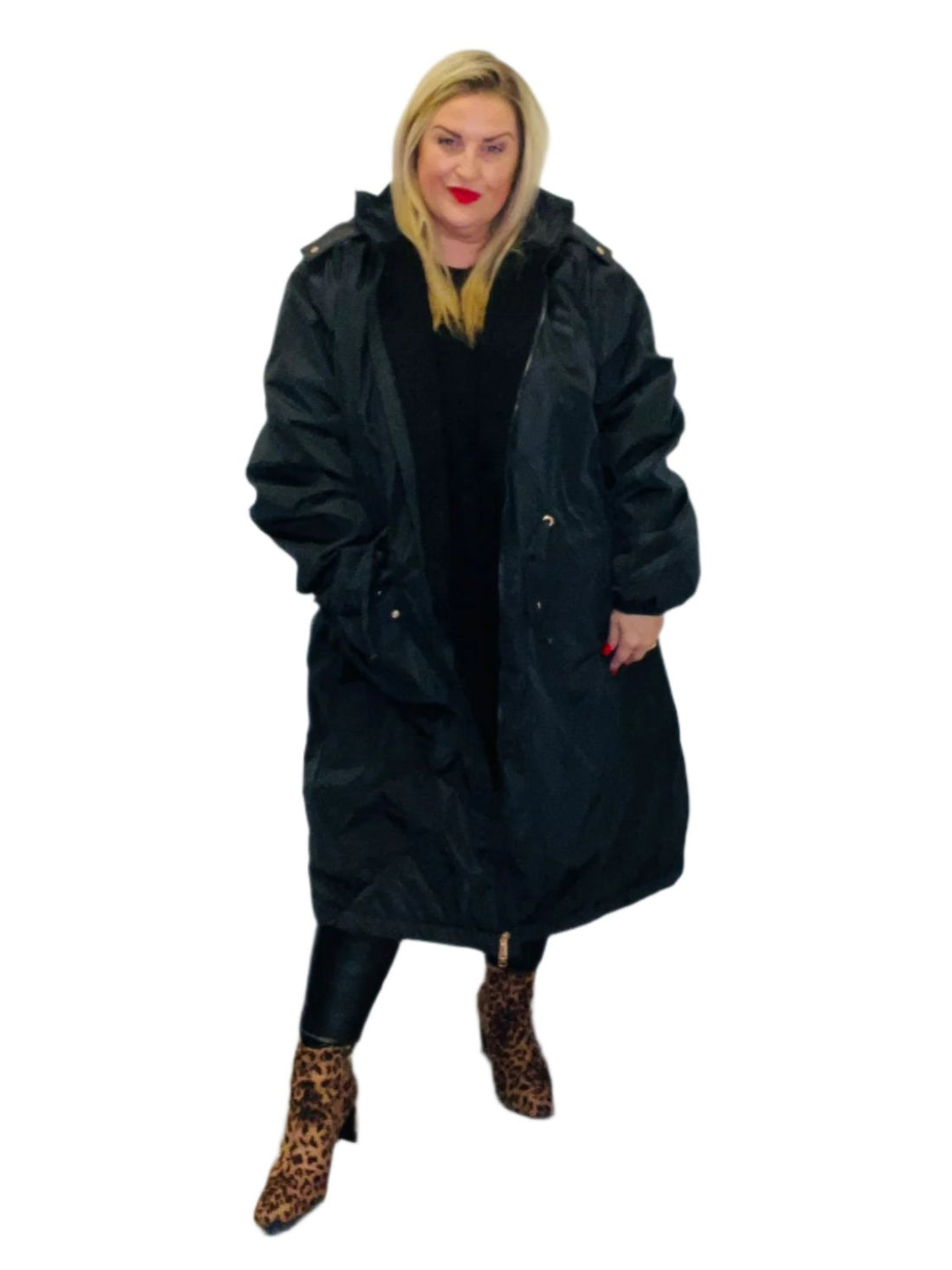 waflee coat black plus size hood fur lined maxi length