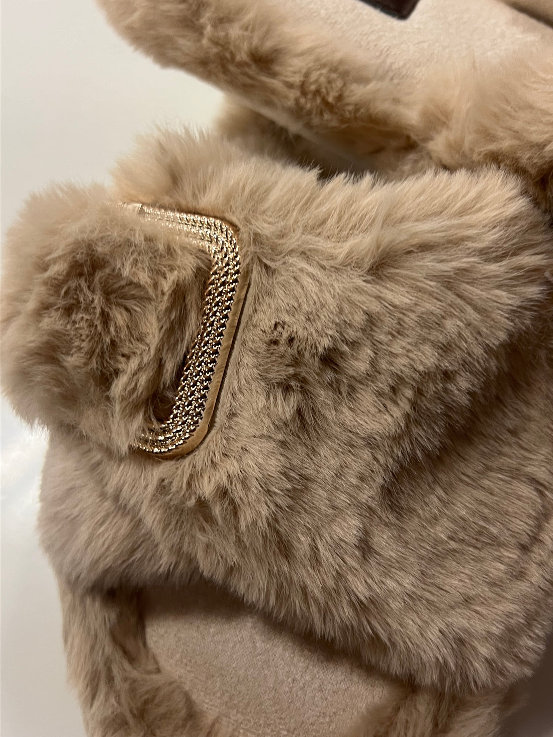 wide fit buckle slippers beige fluffy gold detail
