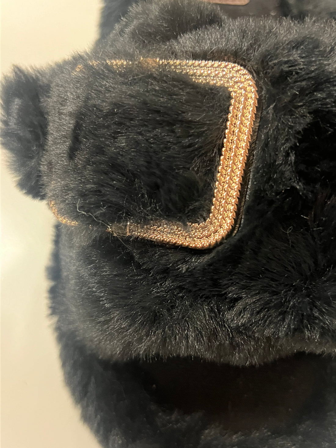 wide fit buckle slippers black fluffy gold detail
