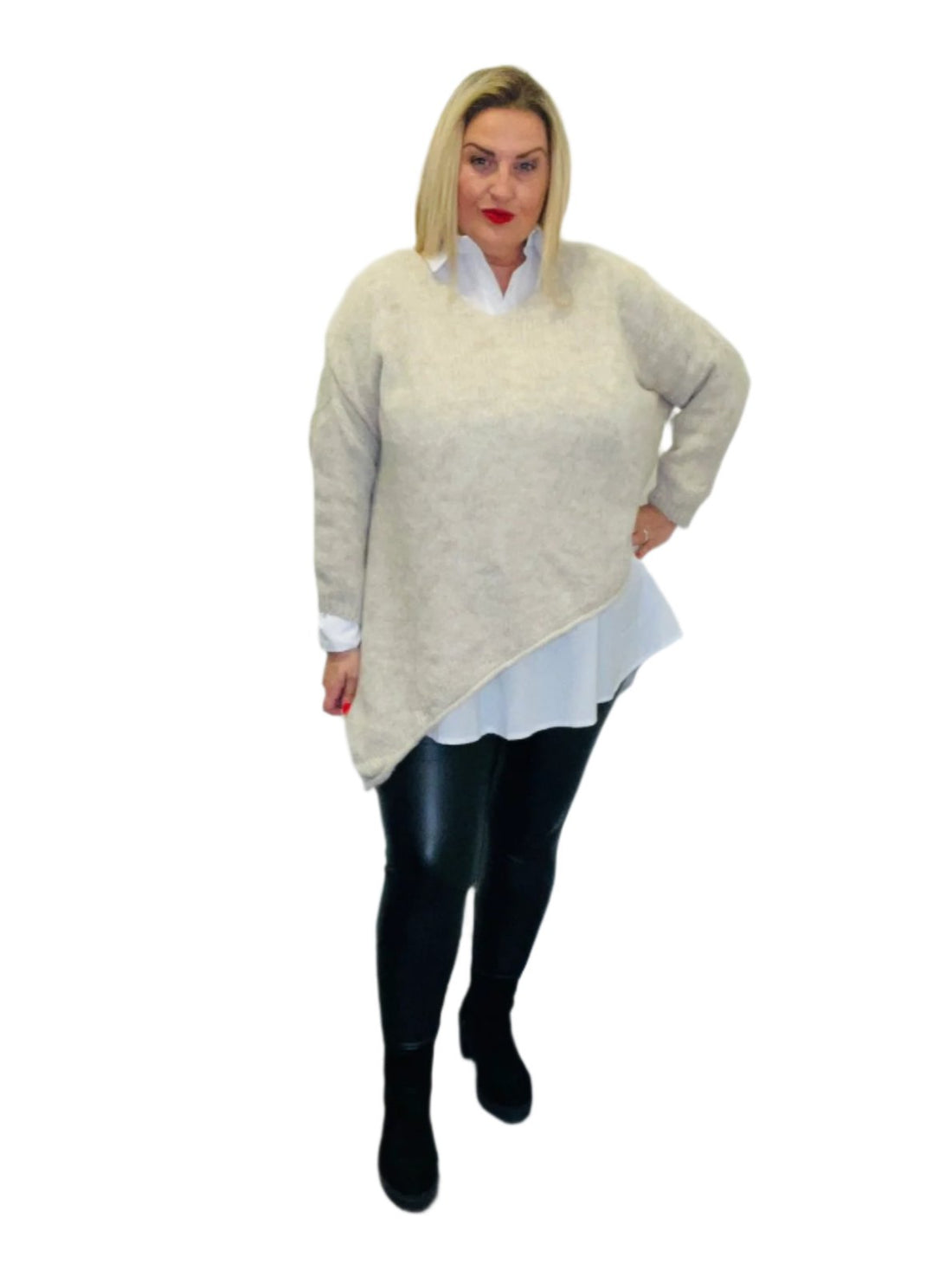 zaza asy jumper cream plus size vneck asymmetric hem