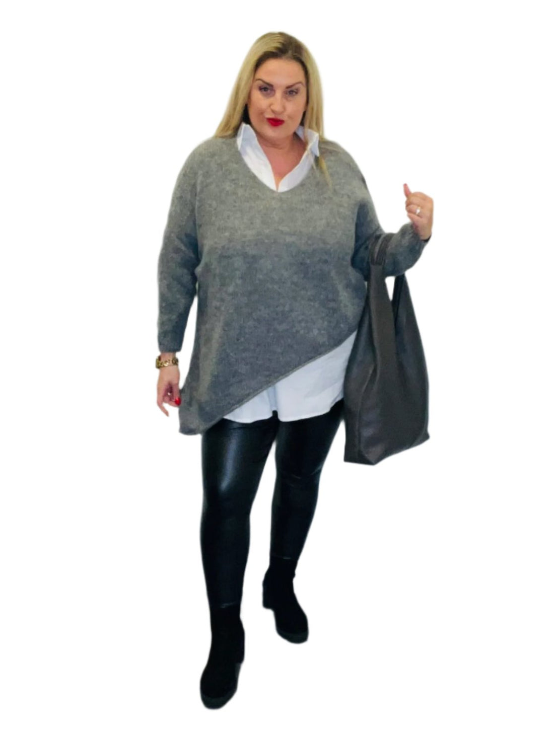 zaza asy jumper grey plus size vneck asymmetric hem